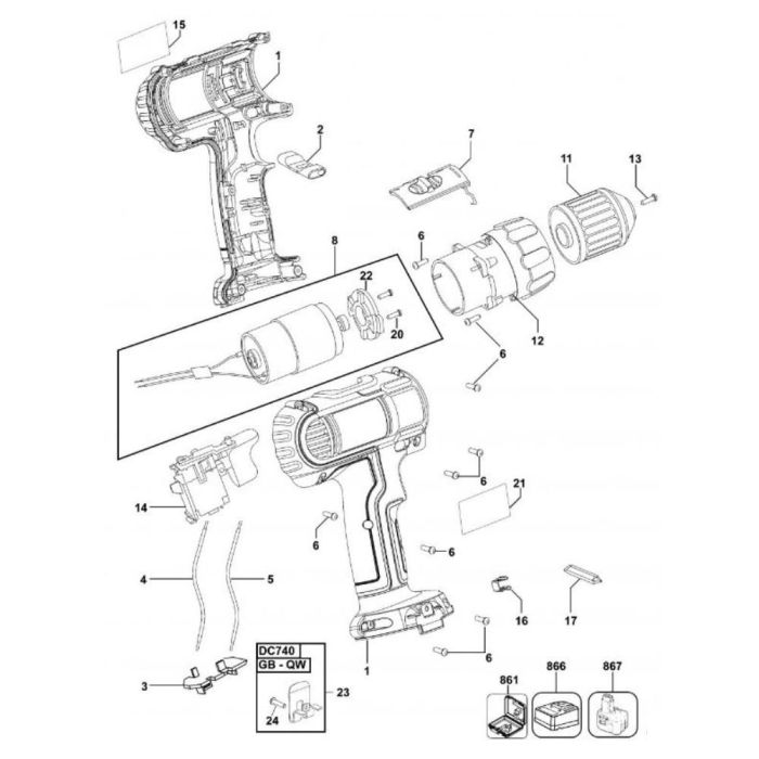 Main Assembly for DeWalt DC750 Type 3 AS Cordless Drill L&S Engineers