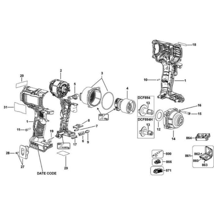 Main Assembly for DeWalt DCF894 Type 1 Impact Wrench