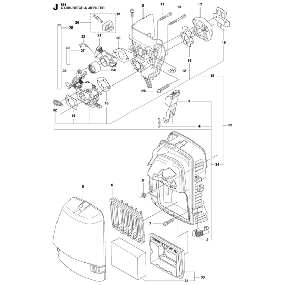 Carburetor & Air Filter Assembly For Husqvarna 555FX Brushcutters
