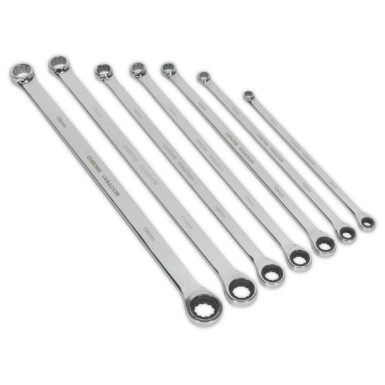 Double Ring Ratchet/Fixed Spanner Set 7pc Extra-Long Metric Sealey Part No. AK6319
