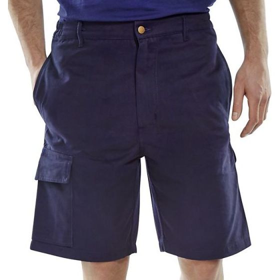 Cargo Multi-Pocket Shorts Cotton Twill Button & Zip Fastening Navy Blue 30