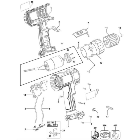 Main Assembly for DeWalt DC740 Type 4 Cordless Drill