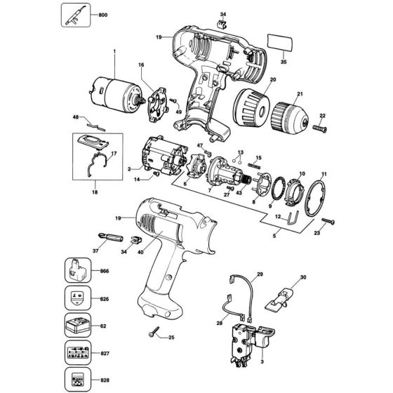 Main Assembly for DeWalt DW910K Type 1 Cordless Drill