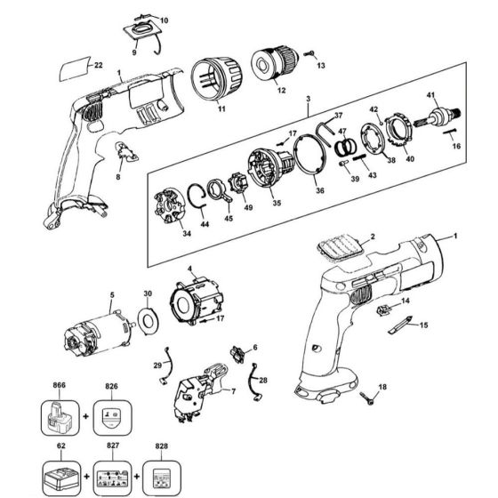 Main Assembly for DeWalt DW976K Type 5 Cordless Drill