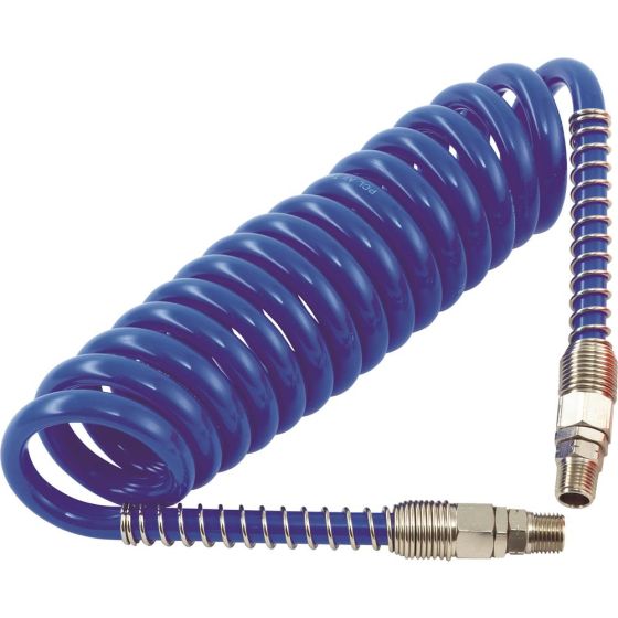 PCL Polyurethane Coiled Hose Assy, Red, 2.5m x 6.5mm I/D, Male R 1/4" Swivel Ends - HA5209