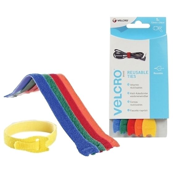 ONE-WRAP Reusable Ties (5) 12mm x 20cm Multi-Colour by VELCRO - 60250