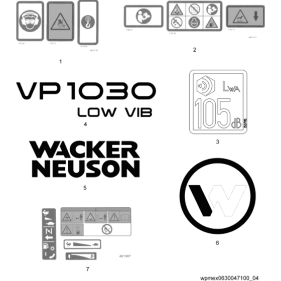 Labels for Wacker VP1030A 5000630047 (Honda) Rev. 100 Forward Plate Compactors
