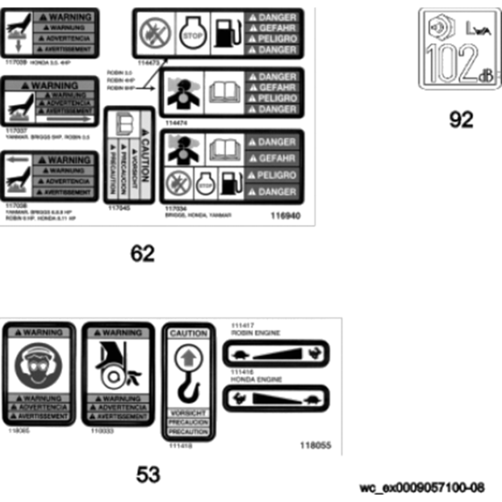 Labels for Wacker VP1135A 5000009057 (Honda) Rev.100 Forward Plate Compactor