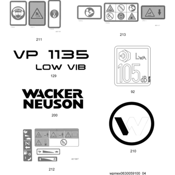 Labels for Wacker VP1135A 5000630059 (Honda) Rev.104 Forward Plate Compactor