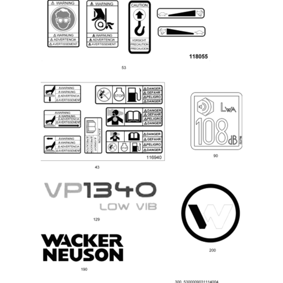 Labels for Wacker VP1340A 5000009031 (Honda) Rev. 116 Forward Plate Compactors