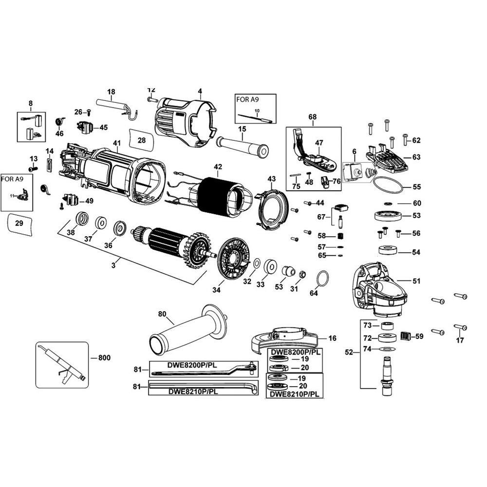 Main Assembly for DeWalt DWE8200PL Type 1 Angle Grinders