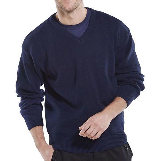 V-Neck Sweater Thick Acrylic Material Ribbed Waistband-Cuffs Navy Blue XL
