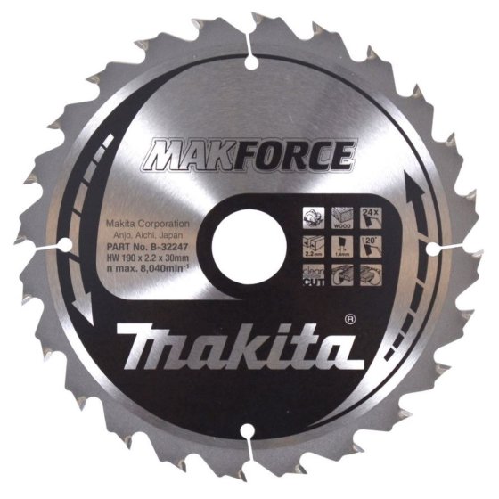 Makita 190mm x 30mm Circular Saw Blade, Makforce TCT, 24 Teeth - OEM No. B-32247