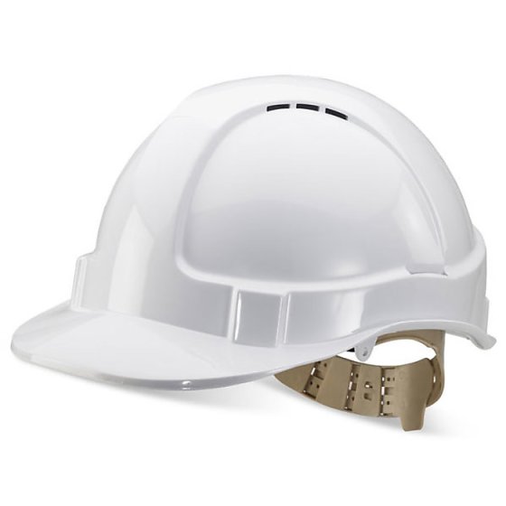 Vented Safety Helmet 6 Point Webbing Harness Slip Ratchet Headband White