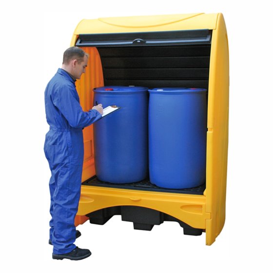 2 Drum Hardcover Spill Pallet c/w with Roller Door 157x100x211cm Sump 250L