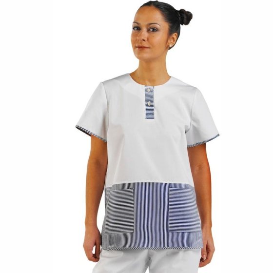 Ladies Tunic Poly/Cotton 2 Button Placket Patch Pockets Blue/Wht Stripe LRG