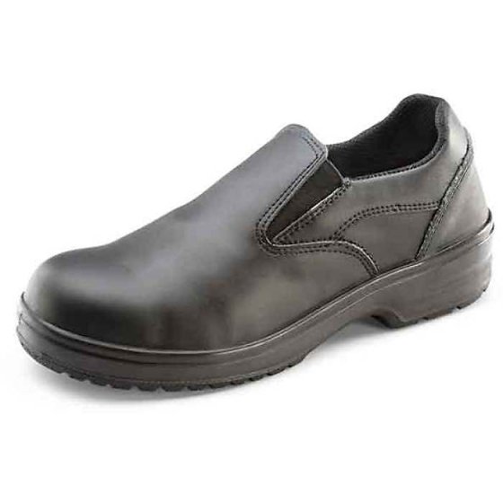 Ladies Slip On Shoe with Leather Upper & Steel Toe Cap Black Size EU 35/02