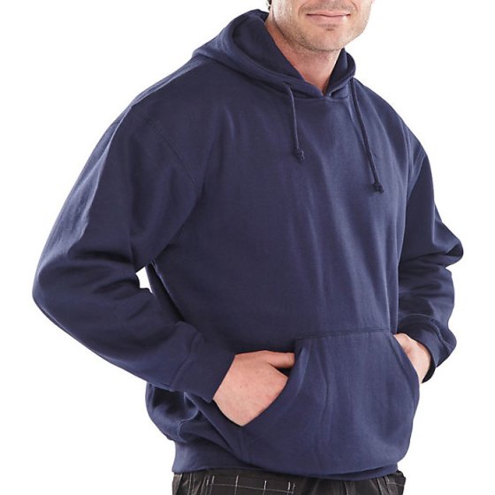 Hooded Sweatshirt Poly/Cotton Fleece Pouch Pocket Ribbed Cuff Navy Blue XXL
