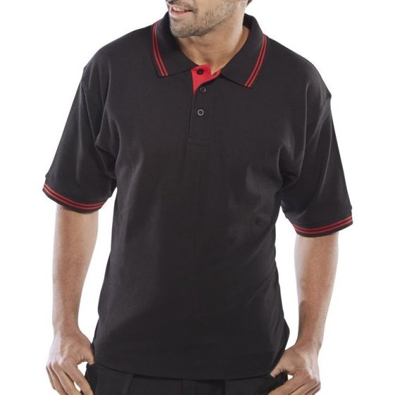 Click Polo Shirt Poly/Cotton Fabric Lined Neck Seam Two Tone Black/Red SML
