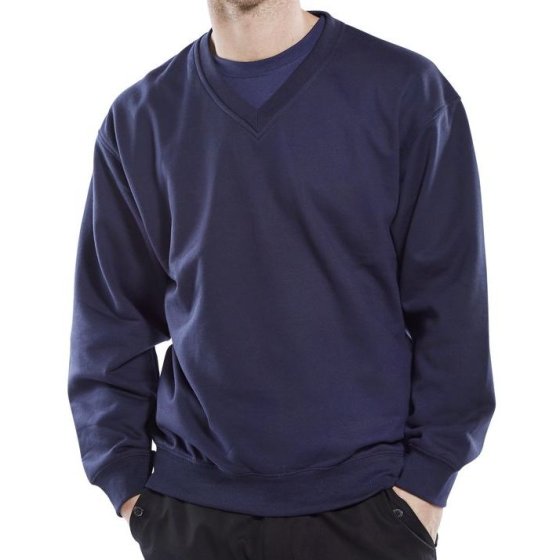 V-Neck Sweatshirt Poly/Cotton Fleece Inner Ribbed Cuffs/Waist Navy Blue M