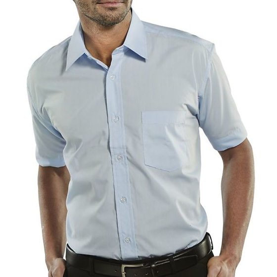 Classic Shirt Poly/Cotton Short Sleeve Stiff Collar & Pocket Sky Blue 14