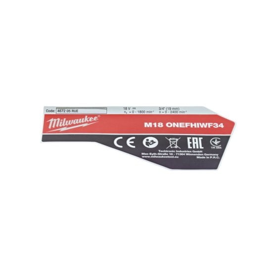 Rating Plate for Milwaukee M18ONEFHIWF34 Impact Wrench - MIL4931465515