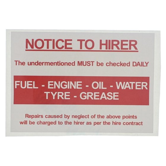 Safety Notice Label 'Notice to Hirer' Self Adhesive 70mm x 100mm - Each