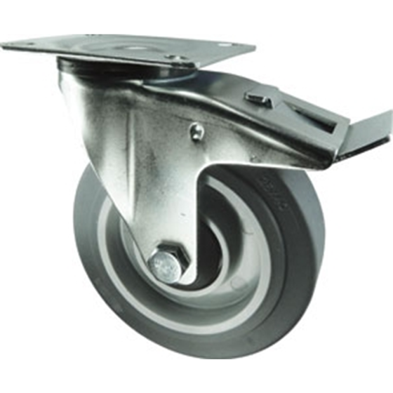 200mm Dia Rubber Tyre Braked Swivel Castor, Nylon Ctr, B/Bearing Rect Plate