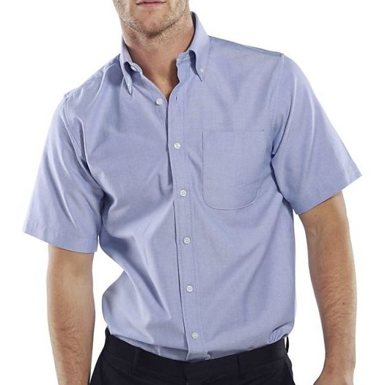 Oxford Shirt Short Sleeve Easy Care Cotton/Polyester Button Collar Blue 20