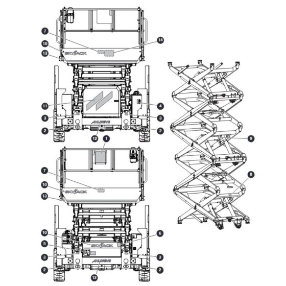Labels - Front & Back for Skyjack SJ9243 RT Scissor Lift