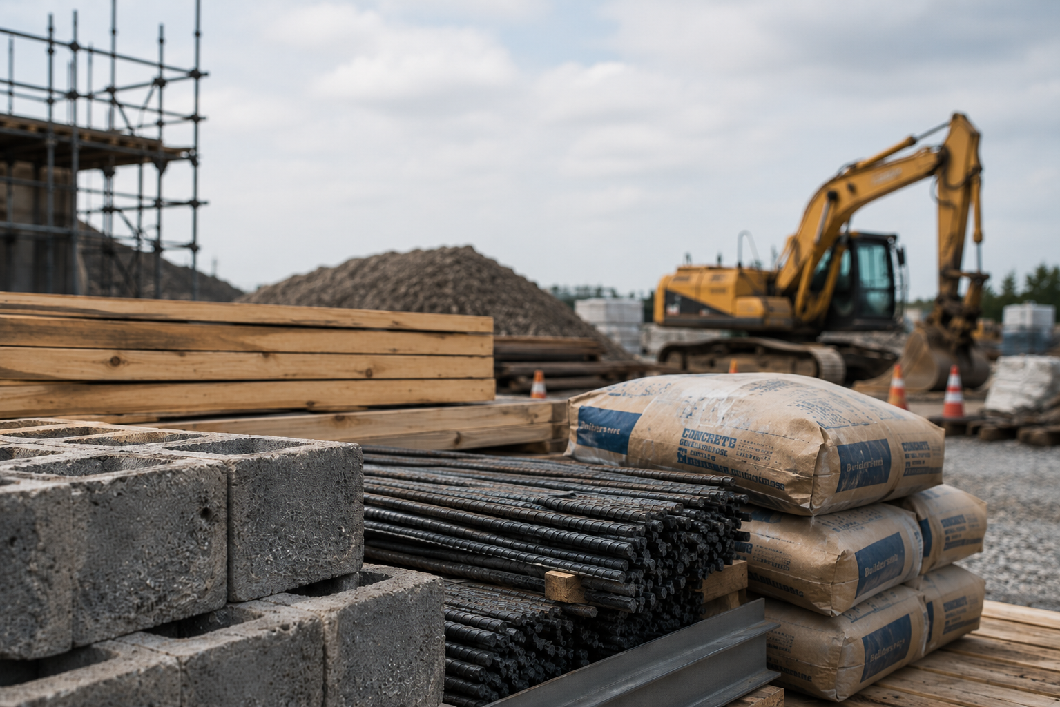 Construction materials and plant equipment on site