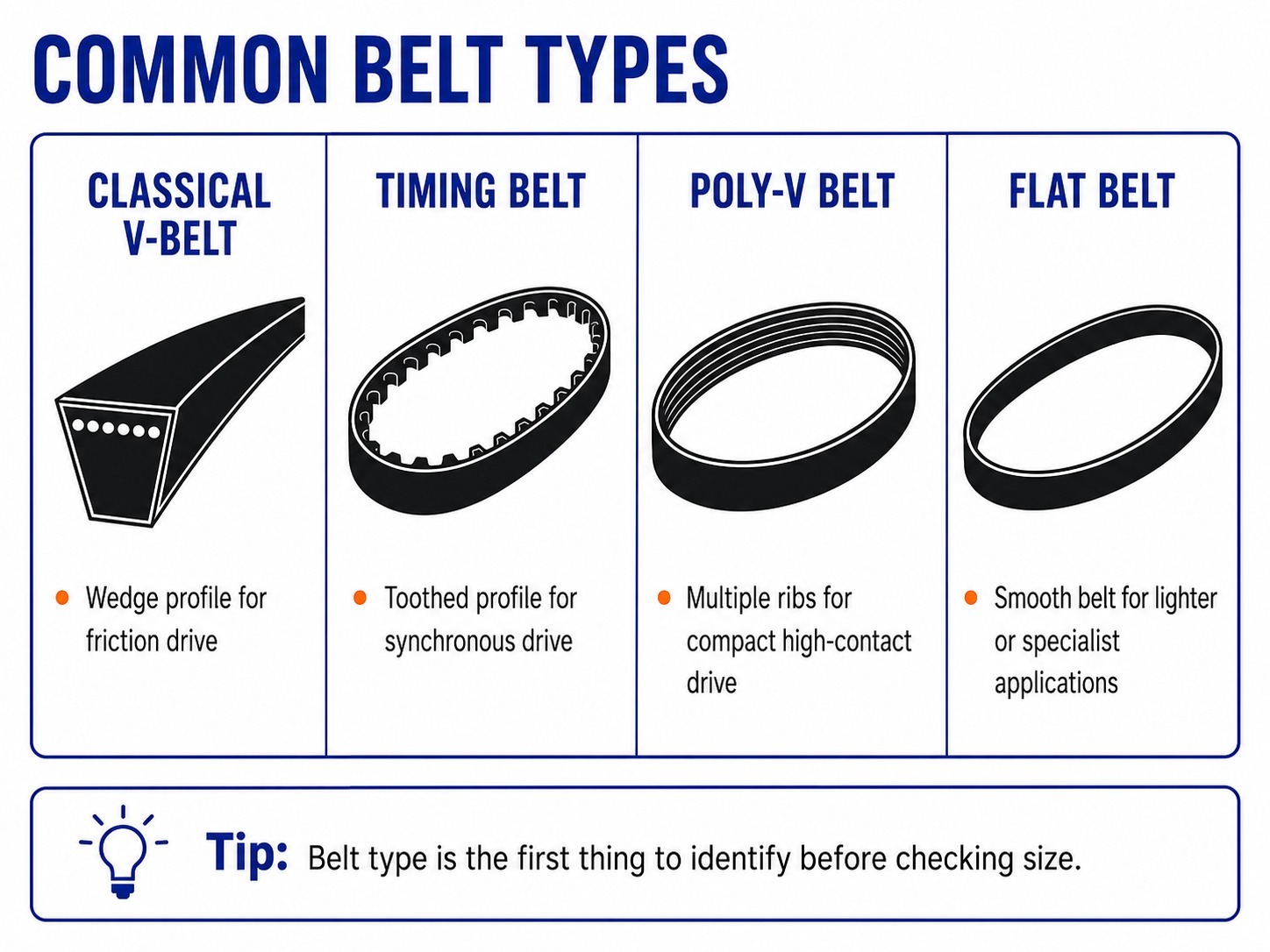 Common belt types including classical V-belt, timing belt, Poly-V belt and flat belt
