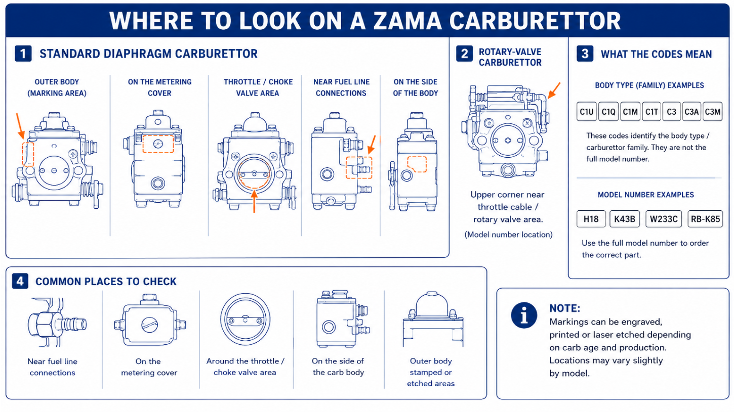 Where to look on a Zama carburettor for model number and body type markings
